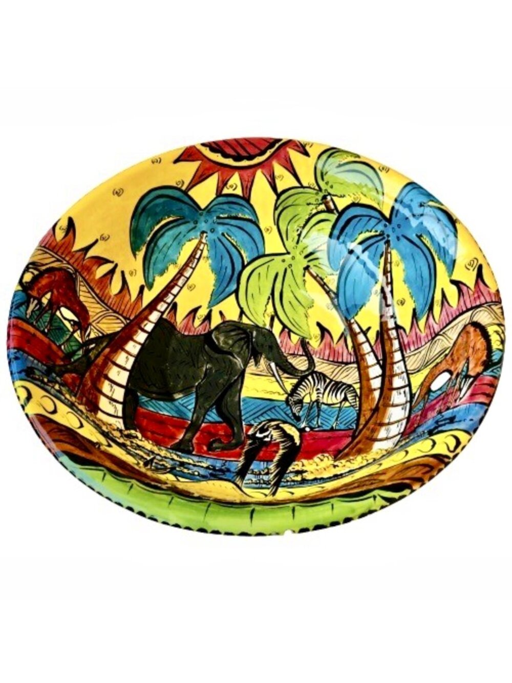 Penzo Zimbabwe Ceramic Bowl Hand Painted African Safari Wildlife Art Signed 2001